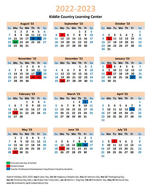Calendar Kiddie Country Learning Center
